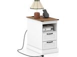 Tavolino Costway, Comodino Con Stazione Di Ricarica, Tavolino Con Piano D'appoggio, Cassetto, Vassoio E Mobiletto, Tavolino Da Divano Con Ripiano, Bianco