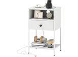 Costway Comodino, Tavolino Con Stazione Di Ricarica, Ripiano Aperto, Cassetto, Ripiano E Struttura In Metallo, Comodino Tavolino Da Salotto Industriale Bianco+Nero