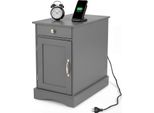 Costway Tavolino Con Stazione Di Ricarica, Comodino Con Ripiano Regolabile, Armadio, Cassetto E Vassoio, Comodino In Legno, Tavolino Da Salotto, Grigio