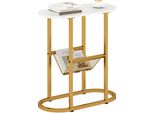 Costway Tavolino Stretto, Comodino Ovale A 2 Ripiani Con Porta Riviste, Tavolino Da Salotto Con Robusta Struttura In Metallo, Tavolino Da Fine, Bianco + Oro