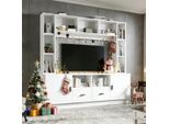 Mobile Tv 180X170 Cm Bianco, Set Mobile Tv Per Televisori Fino A 60 Pollici, Parete Multimediale Con Vetrina, 11 Scomparti E 2 Cassetti, Parete Componibile Moderna