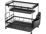 Scolapiatti - Scolapiatti A Due Livelli - Con Portabicchieri, Portatavola Da Cucina, Portaposate, Ganci - Per Piatti E Bicchieri - Nero