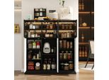 Credenza Armadio Da Cucina Con Illuminazione A Led (24 Colori), Cassettiera Con 3 Ante In Vetro E 3 Ante, Vetrina Bianco-Nero, 100X40X105 Cm