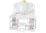 Fch Tavolo Da Trucco Per Bambini Principessa Con Sgabello, Toeletta Con Specchio Triplo Ribaltabile, Ripiani, Cassetto, Bianco