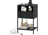 Costway Comodino, Tavolino Con Stazione Di Ricarica, Ripiano Aperto, Cassetto, Ripiano E Struttura In Metallo, Comodino Tavolino Da Salotto Industriale Nero