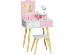 Tavolo Da Trucco Per Bambini In Legno - Tavolo Da Toeletta Con Sgabello - 2 Cassetti - Specchio Rimovibile - 60×40×108 Cm - Età 3+ - Rosa E Bianco
