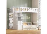Fortuna Lai Letto A Soppalco 90*200 Cm, Con Scala Con Vano Contenitore E Ripiani, Letto Singolo In Legno, Letto Per Ragazzi, Letto Per Bambini, Struttura In Legno Massello, Bianco