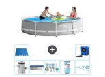 Piscina Intex Round Prism Frame - 305 X 76 Cm - Grigio - Inclusa Copertura Pompa - Pacchetto Manutenzione - Filtro - Kit Pulizia - Piastrelle Pavimento - Pompa Di Calore