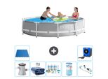 Piscina Intex Round Prism Frame - 305 X 76 Cm - Grigio - Inclusa Pompa - Tenda Da Sole - Pacchetto Manutenzione - Filtro - Aspirapolvere - Piastrelle Per Pavimento - Pompa Di Calore