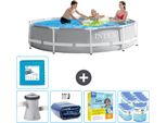 Piscina Intex Round Prism Frame - 305 X 76 Cm - Grigio - Inclusa Pompa - Tenda Da Sole - Pacchetto Manutenzione - Filtro - Pavimento In Piastrelle