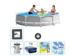 Piscina Intex Round Prism Frame - 305 X 76 Cm - Grigio - Inclusa Pompa - Tenda Da Sole - Pacchetto Manutenzione - Filtro - Pavimento In Piastrelle