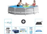 Piscina Intex Round Prism Frame - 305 X 76 Cm - Grigio - Inclusa Pompa - Tenda Da Sole - Pacchetto Manutenzione - Filtro - Telo Di Fondo - Kit Di Pulizia - Tappeto Solare