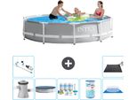 Piscina Intex Round Prism Frame - 305 X 76 Cm - Grigio - Inclusa Copertura Pompa - Pacchetto Manutenzione - Filtro - Copertura Del Terreno - Aspirapolvere - Tappetino Solare
