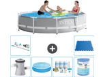 Piscina Intex Round Prism Frame - 305 X 76 Cm - Grigio - Inclusa Pompa - Tenda Da Sole - Pacchetto Manutenzione - Filtro - Aspirapolvere - Piastrelle Per Pavimento