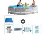 Piscina Intex Round Prism Frame - 305 X 76 Cm - Grigio - Inclusa Copertura Della Pompa - Pacchetto Manutenzione - Filtro - Piastrelle Per Il Pavimento