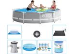 Piscina Intex Round Prism Frame - 305 X 76 Cm - Grigio - Inclusa Pompa - Tenda Da Sole - Pacchetto Manutenzione - Filtro - Telo Di Fondo - Tappeto Solare