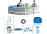Piscina Intex Round Prism Frame - 305 X 76 Cm - Grigio - Inclusa Copertura Pompa - Pacchetto Manutenzione - Filtro - Scaletta - Pedana