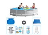 Piscina Intex Round Prism Frame - 305 X 76 Cm - Grigio - Incluso Pacchetto Manutenzione Pompa - Filtro - Scaletta - Pedana - Pavimento In Piastrelle