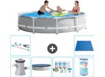 Piscina Intex Round Prism Frame - 305 X 76 Cm - Grigio - Inclusa Copertura Pompa - Pacchetto Manutenzione - Filtro - Aspirapolvere - Piastrelle Pavimento