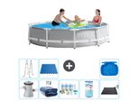 Piscina Intex Round Prism Frame - 305 X 76 Cm - Grigio - Inclusa Pompa - Tenda Da Sole - Pacchetto Manutenzione - Filtro - Tappetino Solare - Scaletta - Pediluvio