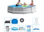 Piscina Intex Round Prism Frame - 305 X 76 Cm - Grigio - Inclusa Pompa - Tenda Da Sole - Pacchetto Manutenzione - Filtro - Telo Di Fondo - Materassino Solare - Scaletta