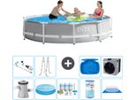 Piscina Intex Round Prism Frame - 305 X 76 Cm - Grigio - Inclusa Pompa - Tenda Da Sole - Pacchetto Manutenzione - Filtro - Telo Di Fondo - Aspirapolvere - Scaletta