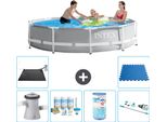 Piscina Intex Round Prism Frame - 305 X 76 Cm - Grigio - Incluso Pacchetto Manutenzione Pompa - Filtro - Aspirapolvere - Tappetino Solare - Pavimento In Piastrelle