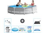 Piscina Intex Round Prism Frame - 305 X 76 Cm - Grigio - Inclusa Pompa - Tenda Da Sole - Pacchetto Manutenzione - Filtro - Telo Di Fondo - Aspirapolvere - Tappeto Solare
