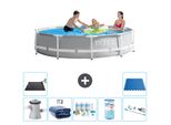 Piscina Intex Round Prism Frame - 305 X 76 Cm - Grigio - Inclusa Pompa - Tenda Da Sole - Pacchetto Manutenzione - Filtro - Aspirapolvere - Tappetino Solare - Piastrelle Per Pavimento