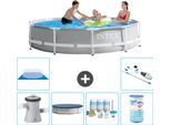 Piscina Intex Round Prism Frame - 305 X 76 Cm - Grigio - Incluso Coperchio Pompa - Pacchetto Manutenzione - Filtro - Copertura Del Terreno - Aspirapolvere