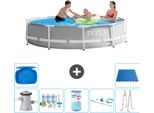 Piscina Intex Round Prism Frame - 305 X 76 Cm - Grigio - Incluso Pacchetto Di Manutenzione Della Pompa - Filtro - Kit Di Pulizia - Scaletta - Pedana - Pavimento In Piastrelle