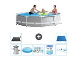 Piscina Intex Round Prism Frame - 305 X 76 Cm - Grigio - Inclusa Pompa - Tenda Da Sole - Pacchetto Manutenzione - Filtro - Kit Pulizia - Tappetino Solare - Piastrelle Per Pavimento