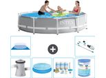 Piscina Intex Round Prism Frame - 305 X 76 Cm - Grigio - Inclusa Pompa - Tenda Da Sole - Pacchetto Manutenzione - Filtro - Telo Di Fondo - Aspirapolvere