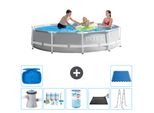 Piscina Intex Round Prism Frame - 305 X 76 Cm - Grigio - Incluso Pacchetto Manutenzione Pompa - Filtro - Tappetino Solare - Scaletta - Pedana - Pavimento In Piastrelle