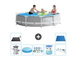 Piscina Intex Round Prism Frame - 305 X 76 Cm - Grigio - Inclusa Pompa - Tenda Da Sole - Pacchetto Manutenzione - Filtro - Aspirapolvere - Tappetino Solare - Piastrelle Per Pavimento