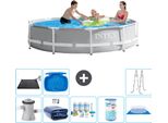 Piscina Intex Round Prism Frame - 305 X 76 Cm - Grigio - Inclusa Pompa - Tenda Da Sole - Pacchetto Manutenzione - Filtro - Telo Di Fondo - Materassino Solare - Scaletta