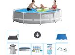 Piscina Intex Round Prism Frame - 305 X 76 Cm - Grigio - Inclusa Copertura Pompa - Pacchetto Manutenzione - Filtro - Aspirapolvere - Tappetino Solare - Piastrelle Per Pavimento
