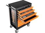 Neo Tools Carrello Da Officina Riempito Di Utensili 129 Pezzi | 7 Scomparti - Cassetti Con Cuscinetti A Sfera - Chiusura Centrale - Tappetino Antiscivolo