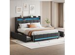 Letto Imbottito Flieks 160X200Cm Con Funzione Di Ricarica (Usb E Presa), Letto Contenitore Con 4 Cassetti, Letto Per Ragazzi Letto Matrimoniale Con Led, Biancheria Da Letto In Legno, Grigio