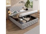 Letto Imbottito Idraulico Flieks 160X200Cm Con Usb E Type-C, Letto A Molle Insacchettate Letto Matrimoniale Con Luce, Letto Contenitore Letto In Legno Letto Per Ragazzi, Biancheria, Grigio