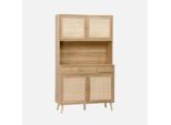 Credenza Decorazione In Legno E Cannage 4 Ante E 3 Cassetti, 110Cm, Marrone Naturale