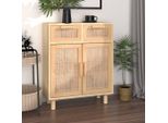 The Living Store Credenza Marrone 60X30X75 Cm In Pino Massiccio E Rattan Naturale