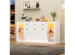 Merax Mobile Alto Lucido Con Illuminazione A Led E Vetro Di Sicurezza, Cassettiera Con 14 Scomparti, Credenza Con 3 Ante E 3 Cassetti, Bianco