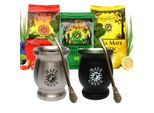 Set Tè Mate Green Yerba Mate - Mate Green200 G, Mate Green Lemon 200 G, Mate Green Guarana 200 G - Tazza Da Tè In Acciaio 220 Ml Argento E Nero