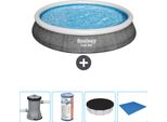 Piscina Gonfiabile Rotonda Bestway - Stampa Rattan - 396 X 84 Cm - Inclusa Pompa - Filtro - Copertura - Telo Di Fondo