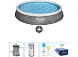 Piscina Gonfiabile Rotonda Bestway A Presa Rapida - Stampa Rattan - 396 X 84 Cm - Inclusa Pompa - Filtro - Strisce Reattive - Tenda Parasole