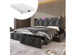 Letto Imbottito Con Testiera Usb Ricaricabile E 4 Cassetti, Letto Matrimoniale 160X200Cm Struttura Letto Contenitore, Grigio Con Materasso