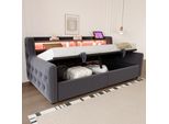 Flieks Divano Letto Da Giorno 90X200Cm Con Contenitore, Letto Imbottito Per Ragazzi Con Led, Divano Letto Singolo Con Funzione Di Carico, Velluto, Grigio Scuro