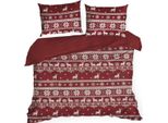 Eurofirany | Biancheria Da Letto Natalizia - Set Da Letto - 220 X 200 Cm - Cotone - Rosso Crema - Motivo Natalizio