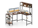 Costway Scrivania, Scrivania Ad Angolo Con Libreria, 2 Ripiani E Ganci Per Cuffie, 150X120Cm Scrivania Da Gioco In Legno Scrivania Per Computer, Scrivania Da Lavoro, Marrone